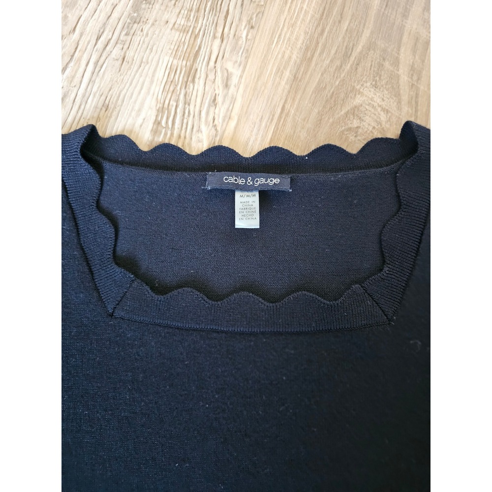 Cable & Gauge Womens Black Scalloped Square Neck Short Sleeve Knit Sweater Sz M - Picture 5 of 7